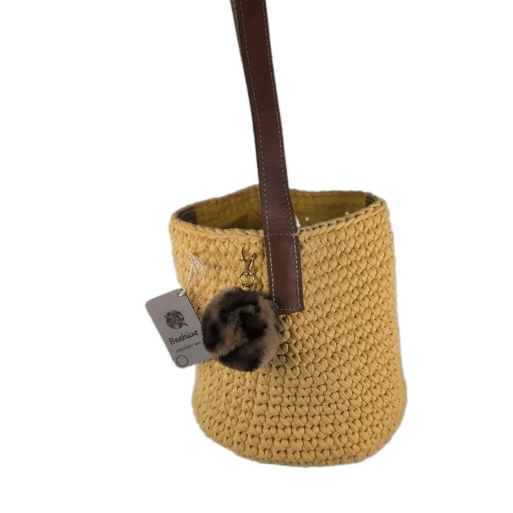 Beehive Crochet Art Handmade Yellow Shoulder Bag Tote Carryall Bucket Bag W/Tags